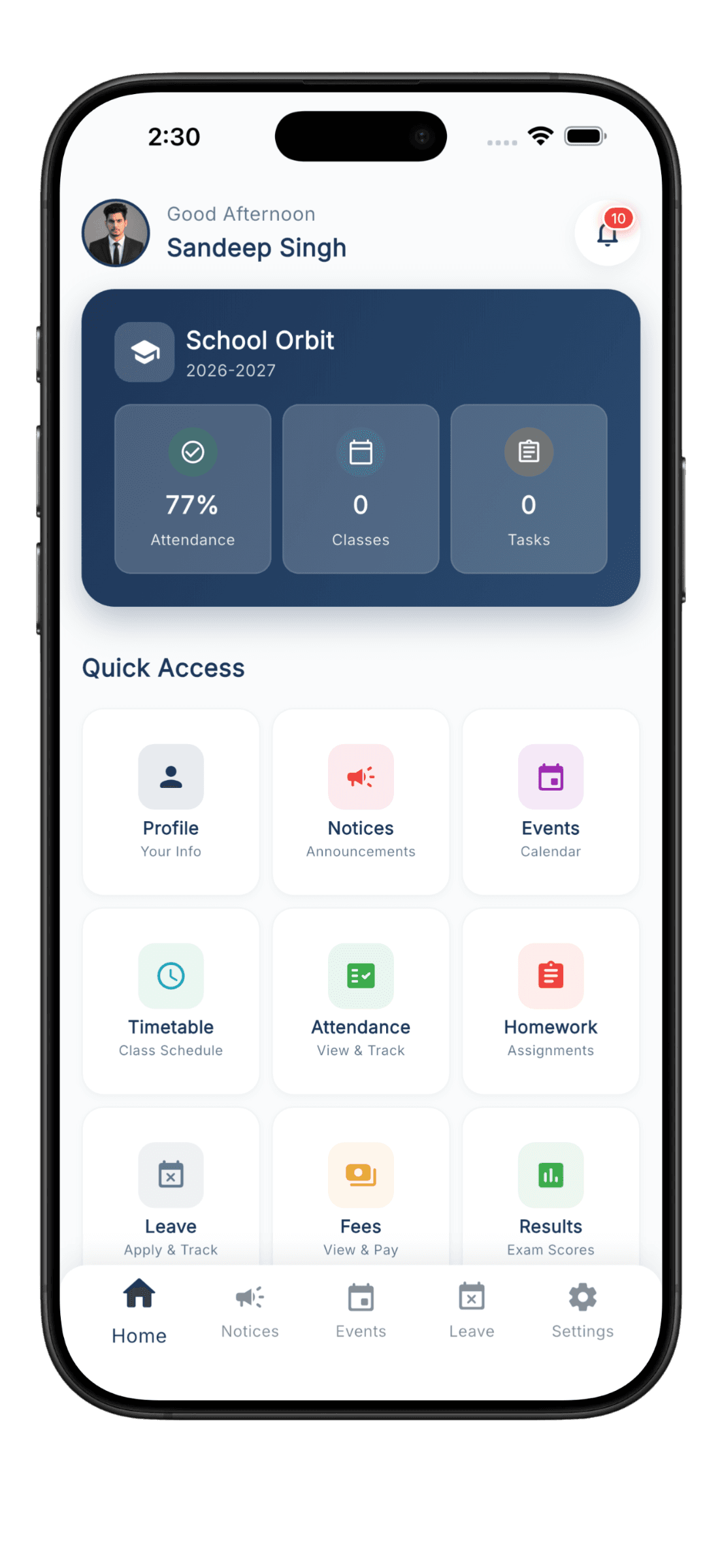 School Orbit parent app — dashboard