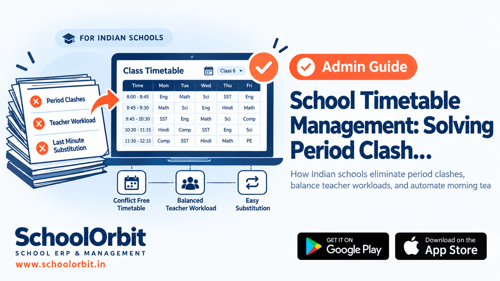 School Timetable Management: Solving Period Clashes, Teacher Workload, and Morning Substitution in Indian Schools